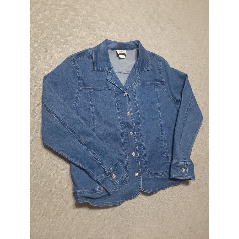 Distinct Denim Jacket Womens L Blue Cotton Spandex Rhinestone Buttons
